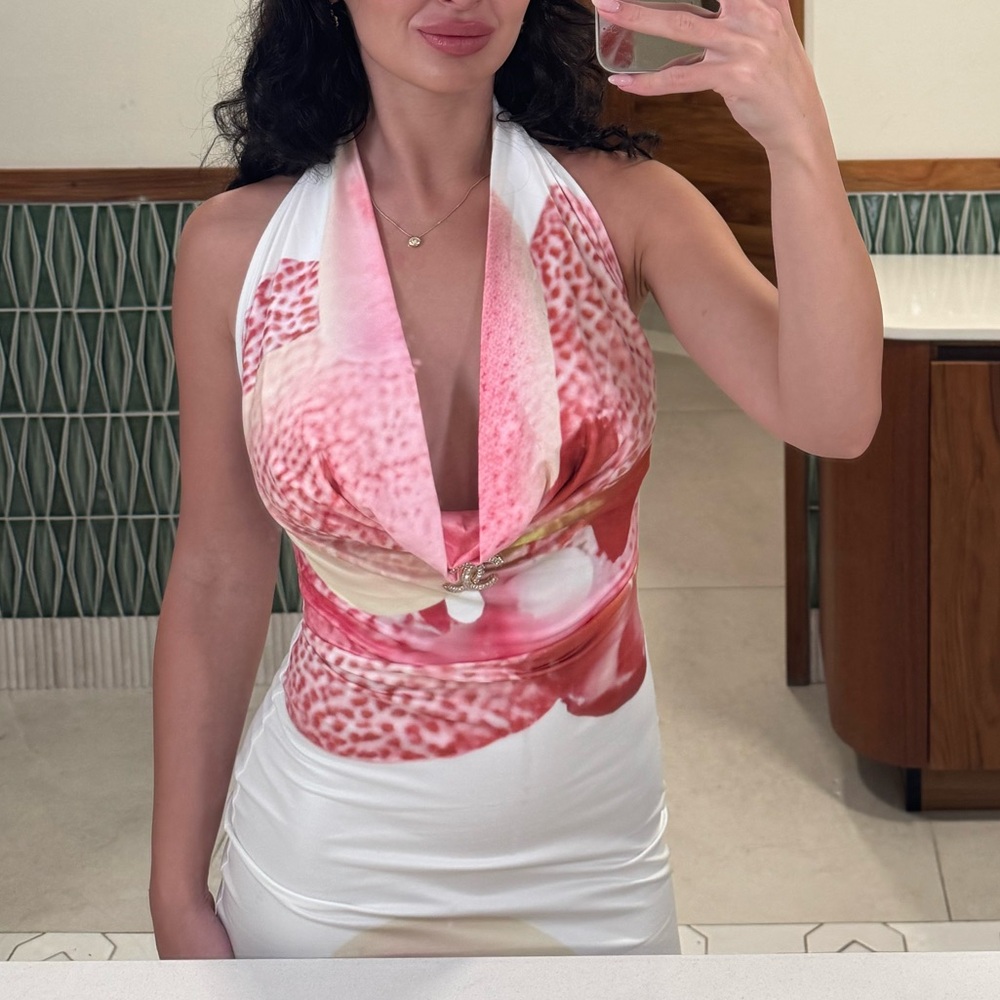 Fashion nova maxi bodycon dress pink flower cowl neck backless